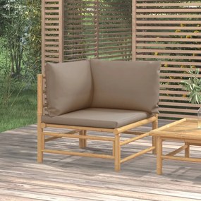 vidaXL Sofá de canto jardim bambu c/ almofadões cinzento-acastanhado
