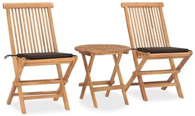 3 pcs conj. jantar dobrável exterior c/ almofadão teca maciça