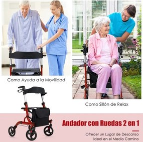 Andarilho 2 em 1 dobrável para idosos com assento Rodas Pegas Altura ajustável Duplo sistema de travões 79,5 x 61,5 x 83-96 cm Vermelho