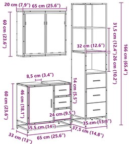 3 pcs Conjunto móveis casa de banho madeira proc. cinza sonoma