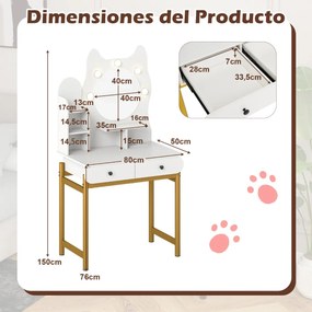 Toucador com espelho e luzes 80 x 50 x 150 cm em forma de gatinho com 3 modos de iluminação e brilho ajustável e 2 gavetas Branca