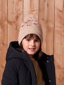 Conjunto bordado  gorro + gola snood + luvas/mitenes de malha com renda. para menina  bege-dourado