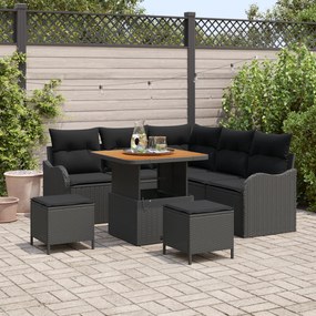 Conjunto de Sofá de Jardim de 8 Peças com Almofadas Preto Vime Poliést