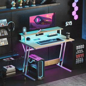 Secretária Gaming com Luzes LED 100x60x88,5 cm com Tomadas de Corrente Suporte para Monitor Prateleiras e Controlo Remoto Madeira