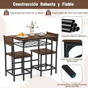 Conjunto de mesa de jantar com 2 cadeiras com prateleira aberta, estrutura metálica castanho