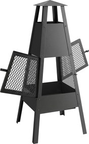 Braseiro de Exterior com Chaminé Cónica 41x40,5x97 cm em Aço Carbono com Malha de Proteção para Pátio e Terraço Preto