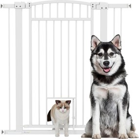 Barreira para cães, largura ajustável de 76 a 102 cm, barreira extra larga com porta para gatos, branca