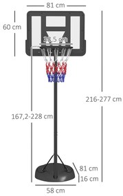 Cesto de Basquetebol com Altura Ajustável 216-277 cm Aro de Basquetebol para Exterior com Rodas e Base Recarregável Preto