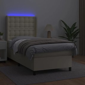 Cama box spring c/ colchão/LED 90x200 cm couro artificial creme