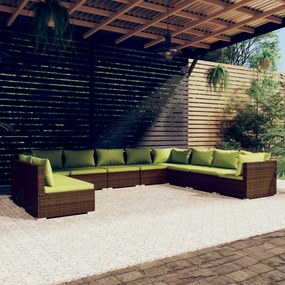 10 pcs conjunto lounge de jardim c/ almofadões vime PE castanho