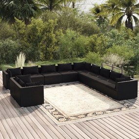 11 pcs conjunto lounge de jardim c/ almofadões vime PE preto