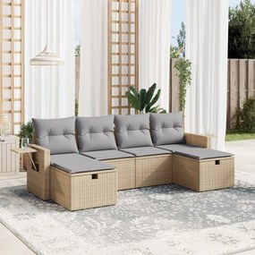 6 pcs conj. sofás jardim c/ almofadões vime PE bege misturado