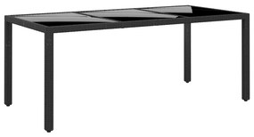 vidaXL Mesa de jardim 190x90x75 cm vidro temperado e vime PE preto