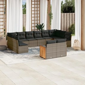 12 pcs conjunto de sofás jardim c/ almofadões vime PE cinzento