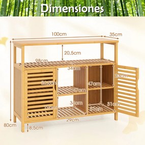 Armário de Cozinha de bambu com 2 portas e prateleiras para cozinha sala de estar 100 x 35 x 80 cm Natural