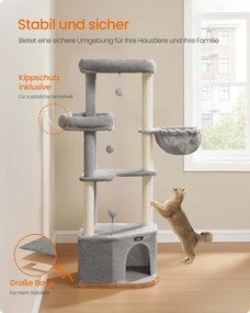 Arranhador para gatos com grande cavidade e várias áreas para brincar e descansar 48,5 x 48,5 x 140,7 cm Cinzento