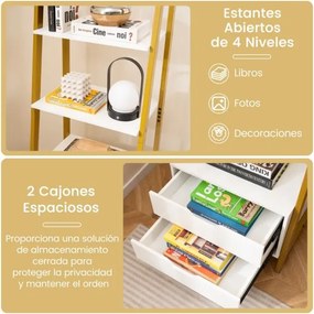 Estante em forma escada 52 x 39,5 x 134 cm com 4 prateleiras abertas e 2 gavetas Branco + Dourado