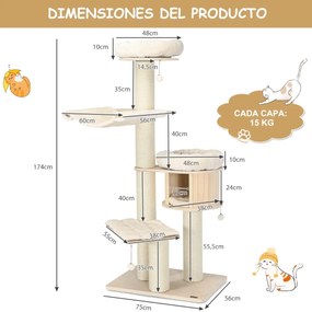 Arranhador para gatos com 4 postes de arranhar Plataforma de sisal Centro de actividades em pelúcia para gatos 75 x 56 x 174 cm Natural