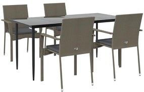 5 pcs conjunto jantar jardim c/ almofadões vime PE preto/cinza