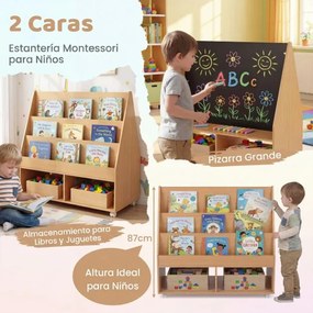Estante infantil móvel com quadro negro  90 x 45,5 x 87 cm, 3 prateleiras e 2 compartimentos abertos, para arrumação no quarto crianças cor natural
