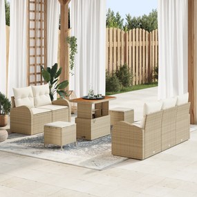 Conjunto de Sofá de Jardim vidaXL 8 Peças com Almofadas Bege Rattan Poly Acácia