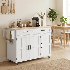 Ilha de cozinha com tampo dobrável, carrinho com rodízios 2 gavetas, 3 portas, suporte para prateleiras e porta-toalhas, branco