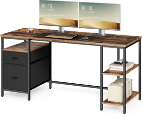 Secretária com 3 prateleiras e 2 gavetas 60 x 160 x 76 cm, castanho vintage-preto