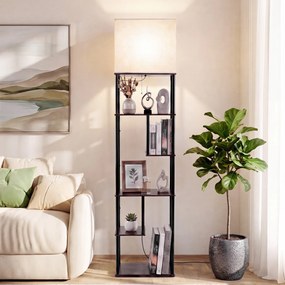 Candeeiro de pé industrial com 5 estantes abertos escalonados 40 x 29 x 172 cm, abajur de linho, Estrutura metálica e casquilho E27 para sala de estar