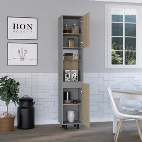 Armário despensa de cozinha alta Hasselt com dois armários de armazenamento e prateleiras internas, 208,4 cm a x 13,75 cm p x 15,75 cm L, cinza/rovere