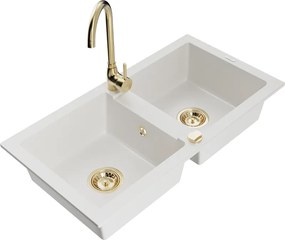 Mexen Mario lava-louça de granito 2-cubas com torneira de cozinha Telma, branco - 6504-20-670200-50