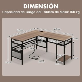 Secretária em forma de L para 2 pessoas com estação de carregamento USB Prateleira de arrumação em rede Suporte para computador de 140 cm