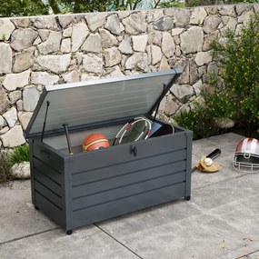 Caixa de arrumação 120 x 62 x 66 cm para exterior 311L, com amortecedor a gás, rodas e pega, em aço galvanizado, cinzento