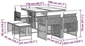 9 pcs conjunto de jantar p/ jardim com almofadões vime PE bege
