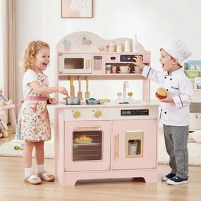 Cozinha brincar infantil de madeira 79,5 x 39,5 x 90,5 cm com 17 acessórios, forno e máquina de gelo, para crianças com mais de 3 anos, cor rosa