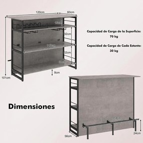 Mesa de Bar, 120 x 60 x 101 cm, Estantes Multinível, Preto e Cinzento