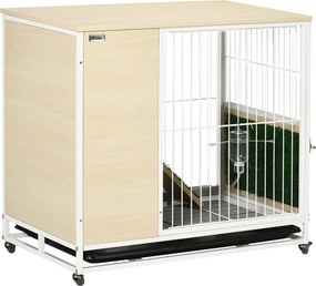 PawHut Coelheira de Madeira com Rodas Móvel Coelheira com Teto Abatível Bandeja Amovível Bebedouro e Rampa 78x52,5x76,5cm Carvalho | Aosom Portugal