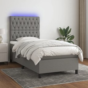 Cama box spring c/ colchão e LED 90x200 cm tecido cinza-escuro