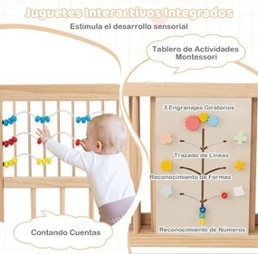 Parque infantil Bebe Madeira 160 x 160 x 61,5 cm com brinquedos Montessori, porta bidirecional, fecho de segurança e forma ajustável, natural