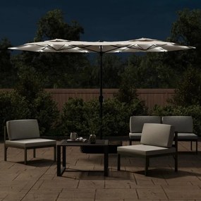 Guarda-sol de jardim c/ cabeça dupla/LED 316x240cm branco areia