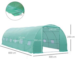 Estufa tipo Túnel 8x3x2m Aço e PE 140 g/m² Estufa para Cultivo de Plantas Tomates Verduras com 12 Janelas e Porta Enroláveis Verde