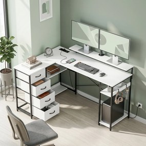 Secretária de canto com 4 gavetas com tomdas 155x112x85,5-91,5 cm Branco