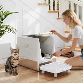 Caixa de Areia XL em Aço Inoxidável para Gatos, Fechada, com Tampa Basculante, Borda Alta, Pá Metálica, Anti-derrame, Cinzento-claro
