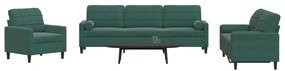 3 pcs conjunto sofás com almofadões e rolos veludo verde-escuro