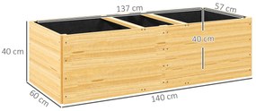 Caixa de Plantação de Madeira Floreira de Exterior Grande com 3 Áreas de Cultivo Caixa para Cultivos Retangular 140x60x40 cm Madeira