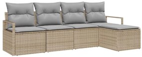Conjunto de Sofá de Jardim com 5 Peças e Almofadas Bege em Rattan