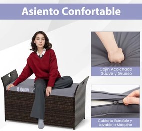 Banco jardim com arrumação para exterior com almofada de rattan PE e pegas laterais para 2 pessoas Caixa de piscina Terraço Jardim Castanho Rústico +