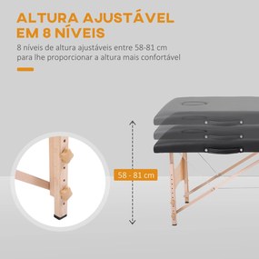 Marquesa de Massagem Dobrável Mesa de Massagem Portátil com Apoio para a Cabeça Estrutura de Madeira Altura Ajustável e Bolsa de Transporte 186x60x58-