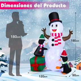 Boneco de neve insuflável de 180 cm com pinguins Decoração de Natal de inverno com luzes LED brancas brilhantes e coloridas para o jardim