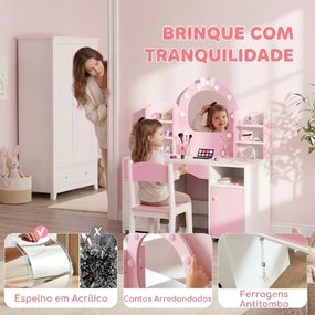 Penteadeira Infantil com Espelho LED 2 Cores, Banco, 2 Armários, Gaveta e Prateleiras, Rosa