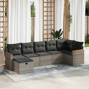 7 pcs conjunto sofás p/ jardim c/ almofadões vime PE cinzento